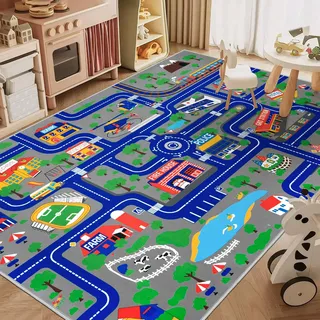 Capslpad Kinderteppich 150x200cm rutschfest Stadtplan Spielteppich Pädagogischer Spielteppich Maschinenwaschbar Kurzer Flor Autoteppich Kinder für Kinderzimmer Schlafzimmer Spielzimme Blau