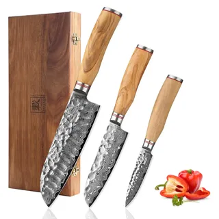 zayiko Minami 3-teiliges Damastmesser-Set, 9 bis 17 cm, 67 Lagen, VG10-Kern | Santoku 17 cm, kleines Santoku 12 cm und Officemesser 9 cm mit Hammerschlag, Olivenholzgriffen und Holzbox, Härte 60 ± 2 HRC