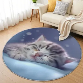 AevuCub Katzen Teppich Rund 60 cm Kurzflor - Waschbare Teppiche Wohnzimmer Süße Katzenmotiv - Runder Teppich 60 cm Durchmesser Kinderzimmer - Bettvorleger Schlafzimmer rutschfest Weich