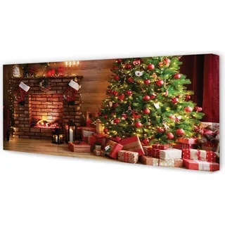 Leinwandbild 125x50 Wandkunst Kamin Geschenke Weihnachtsbaumbeleuchtungen - Braun