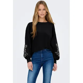 Sweatshirt ONLY "ONLBROOKE L/S O-NECK FLOWER SWT", Damen, Gr. S, schwarz detail:boho butterfly (cloud dancer), Sweatware, Obermaterial: 60% Baumwolle, 40% Polyester, regular fit normal, Rundhals, Rippbündchen, Sweatshirts Sweatshirt, Baumwollmischung, regular fit