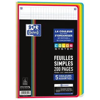 Oxford Color System A4 Einzelblätter perforiert 200 Seiten große Karos Seyès 5 verschiedene Rahmenfarben unter Folie, schwarz