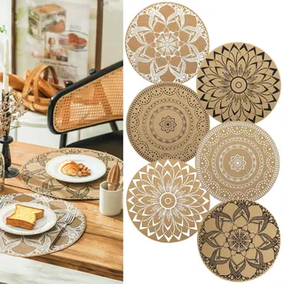 Elistonie Boho Runde Tischsets 6er Set - Waschbar, Hitzebeständig, Wasserdicht - Mandala Jute Essmatten für Bohemian Table Settings