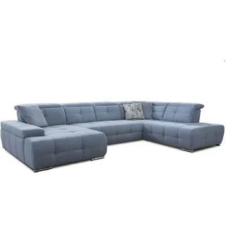 Cavadore Wohnlandschaft Mistrel mit verstellbaren Kopfteilen / U-Form Sofa mit leichter Fleckentfernung dank Soft Clean / Geeignet für Haushalte mit Kindern, Haustieren /343 x 77 x 228 / blau