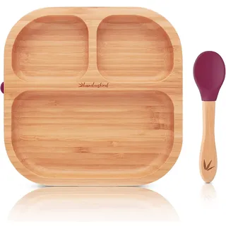 bambuskind Kinderteller mit Saugnapf kirsche I Inkl. Rezepte-Ebook I rutschfester Babyteller aus Bambus mit Löffel I Kindergeschirr-Set zum Essen lernen I ohne schädliche Kunststoffe
