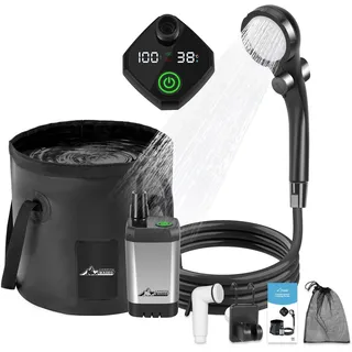 WADEO Tragbare Campingdusche Akku mit Pumpe und Duscheimer, Outdoor-Camping-Duschset mit Akku, Mobile Duschen Außenduschen mit Duschkopf, für Camping Reisen Garten Wandern Autowaschen (Silber grau)