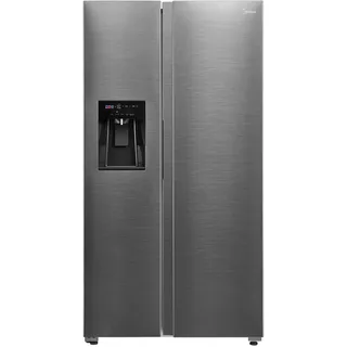 Midea MDRS761MYC46 Side-by-Side Kühl-/Gefrierkombination/No Frost/3in1 Wasser-/Eisspender und Wassertank/Dual Inverter Compressor/179,3 cm Höhe/573L Gesamtvolumen/208 kWh/Jahr/Rostfreier Stahl