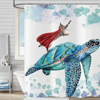 Hnmdmyi Duschvorhang Lustig 180x180, Katze Duschvorhänge Türkis Seeschildkröte Ozean Unterwasser Kinder Badewanne Vorhang Wasserdicht Polyester Stoff Waschbar Badevorhang für Badezimmer mit Haken