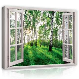 Leinwand Bilder Wald Fenster Natur Leinwandbild XXL Wandbilder Wandbild Wohnzimmer - 80x60 cm | Premium Leinwand