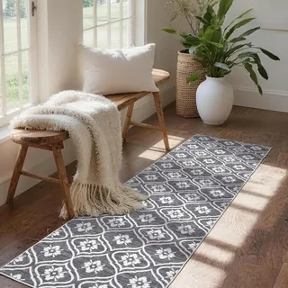 Puremy Teppich 80X150cm, Waschbarer Läufer, Vintage-Marokkanisches Muster Bettvorleger Schlafzimmer, rutschfest, Für Flur, KüChe, Landhausstil, Waschküche, Badezimmer, Eingang, Grau
