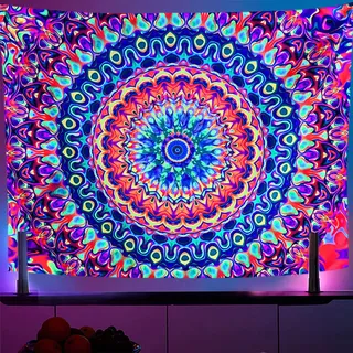 OSVINO OSVINOSchwarzlicht Bunter Wandteppich Mandala 150X200CM Kaleidoskopisch Trippy Raumdekoration Schwarzlicht Poster Böhmische Wanddekoration für Schlafzimmer Hintergrunddekoration