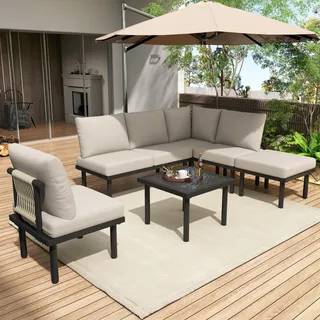 Flieks Gartenlounge Set 6 Sitzer, Gartenmöbelsets mit Eisenrahmen, Gartentisch mit Gartensofa für 6 Personen, Terassenmöbel Balkonmöbel Set, Beige - Beige