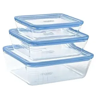 Pyrex Zero Plastic Vorratsdosen, rechteckig, Borosilikatglas, Deckel aus Glas, ofenfest (1 x 0,8 l + 1 x 1,5 l + 1 x 2,6 l)