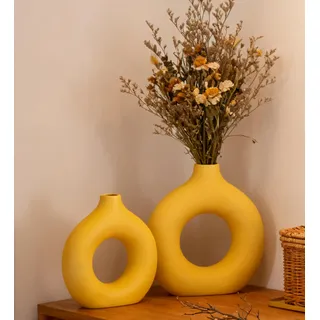 VASETOPIA Keramik Vasen 2 Stück, Minimalismus Stil Blumenvasen Home Decor für Wohnzimmer, Pampas Grass, Tisch (11 Gelb)