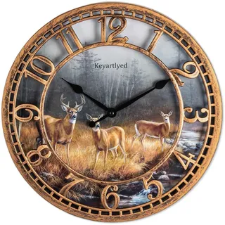 WANGIRO Runde Wanduhr Bauernhaus Kunststoff Hirsch Uhr batteriebetrieben leise Nicht tickend rustikale Uhr 30,5 cm für Zuhause, Küche, Wohnzimmer, Schlafzimmer, Büro Dekor (antikes Kupfer)