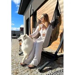 Izabell Hängesessel mit Stahlgestell und Großen Kissen – XXL Schaukelstuhl und Hängematte für Indoor & Outdoor – aus Jutesäcken von Kaffeeröstereien – Coffee Swing (beige)
