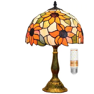 Blivuself Tiffany Lampe Buntglas Tischlampe W12H18 Zoll Hoch Warm Gelb Sonnenblume Blumen Schatten Antike Basis Liebhaber Freunde Kinder Wohnzimmer Schlafzimmer Nacht Kaffee Handwerk Geschenke