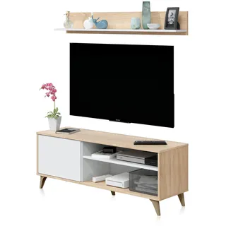 Habitdesign Calicosy Tv-Möbel mit 2 Nischen und 1 Tür mit seinem Wandregal Kikua Plus - L135 cm , weiß , Holzwerkstoff , 40x50x135 cm , Wohnzimmer, TV Möbel, Lowboards, Lowboards stehend