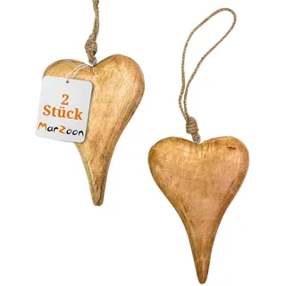 Marzoon 2X Holz Anhänger Herz je 15 x 10 cm - Massiv Holzherzen zum Hängen - Holz-Deko für Fenster - Vintage Deko für Geschenke - Mini-Deko - Mitbringsel