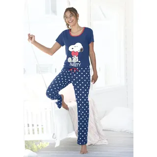 Pyjama PEANUTS, Damen, Gr. 44/46, blau (blau, gepunktet), Single Jersey, Obermaterial: 100% Baumwolle, bedruckt, gepunktet, Basic, bequem lang, Rundhals, eingesetzt, Homewear-Sets Pyjama, mit Snoopy-Druck und Pünktchen-Hose, Topseller