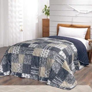Delindo Lifestyle Tagesdecke Patchworkdecke Mellow Blue im Vintage Design, Doppelbett Bettüberwurf im Patchwork Stil, 220x240 cm