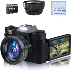 OKA gute Qualität 4K Digitalkamera 16X Digitalzoom 48MP Fotokamera mit Weitwinkel+Macro Linse 64G Karte 3.0'' Kompaktkamera Fotoapparat 180° Flip Bildschirm WiFi Vlog für Senioren Anfänger (Schwarz)