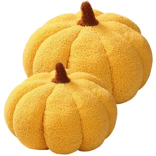LOMTRATS Dekoratives Kürbis-Wurfkissen für Halloween oder Thanksgiving, Plüsch-Kürbis-förmiges Kissen für Party,3D-simuliert mit Blatt für Zuhause, Herbstdekoration(Yellow 9''+11.8'')
