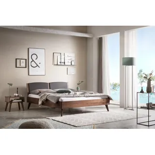 Hasena Massivholzbett, Kopfteil gepolstert Mareto, Farbe: Nussbaum, geölt, Bezugsfarbe: Kul smoke, verschiedene Größen - 25 cm/180 x 210 cm