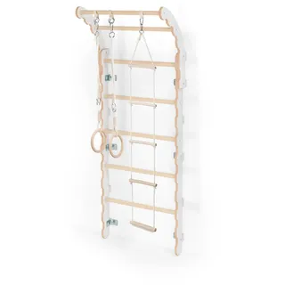 Midi Klettergerüst Indoor fürs Kinderzimmer | Sprossenwand (175 cm) aus Yarnwood | Turnwand + Turnringe + Strickleiter | 100% ECO | EU - Weiß