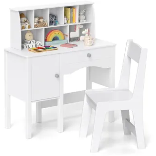 FANTASK Kinderschreibtisch mit Stuhl, Jugendschreibtisch mit Schrank, Schublade & Regal, Schülerschreibtisch Kinderzimmer aus Holz, Schreibtisch Kinder für Kinder ab 3 Jahren, 79 x 34 x 91cm (Weiß)