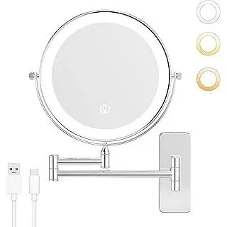 Nicesail Wand Kosmetikspiegel mit Beleuchtung und Vergrößerung 5X - Wiederaufladbar - 3-Farben-Licht - Einstellbare Helligkeit - Touch-Steuerung - Chrom - Bad Vergrößerungsspiegel Ausziehbar,? 20cm