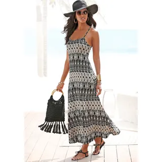 Maxikleid LASCANA "mit Ethnodruck und Spaghettiträgern", Damen, Gr. 42, N-Gr, schwarz (schwarz, creme bedruckt), Jersey, Obermaterial: 100% Viskose, bedruckt, ethno, figurbetont lang, Rundhals, Kleider Maxikleid, Strandkleid, langes Sommerkleid, Viskosekleid, Boho-Kleid, Festival, Topseller