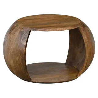 WOHNLING Couchtisch Mango Massivholz rund 60 cm x 46 cm x 36 cm Wohnzimmertisch mit Ablagefach Handgefertigt aus Echtholz im Landhaus Design - Braun