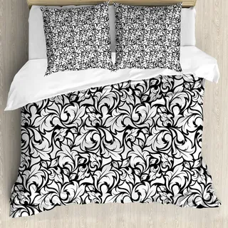ABAKUHAUS Blumen Bettbezug, Monochrome Blätter Garten, Milbensicher Allergiker geeignet mit Kissenbezügen, 200 cm x 200 cm - 80 x 80 cm, Schwarz-Weiss - Schwarz