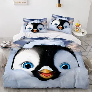 XPINGO Kinder Bettwäsche Pinguin 135x200 cm 2teilig Jungen und Mädchen Mikrofaser Weiche Winter Warm Bettbezüge mit Reißverschluss 3D Winterthema Bettbezug mit Kissenbezüge 80x80 cm