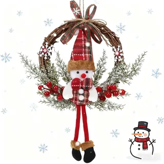 Weihnachten Deko Türkranz, 35cm Weihnachtskranz Schneemann, Türkranz Weihnachten, Weihnachtskranz Haustür, Rattan Kranz Weihnachte-n Kranz Dekorationen für Haustür, Fenster, Kamin, Wand Hängende Deko