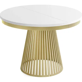 Esstisch Rund Ausziehbar mit Lamellen im Loft-Stil – 100 bis 180 cm – Industrieller Tisch mit Metallbeinen in Gold, Platzsparend für Wohnzimmer oder Esszimmer – Weiß - Weiß