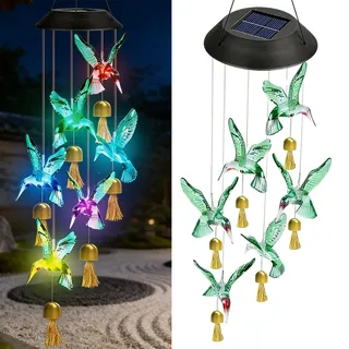 LED Solar Windspiel für Draußen, 2 Stück Windspiele für Draußen Hängend, Kolibri Windspiel Garten Wasserdicht für Balkon Terrasse Baum Party Deko, Muttertagsgeschenk