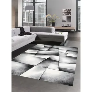 CARPETIA Teppich modern Kurzflor Teppich Wohnzimmerteppich Konturenschnitt karo abstrakt grau schwarz Weiss Größe 80 x 300 cm