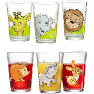 Kinderbecher RITZENHOFF & BREKER "Kindergläser Dschungeltiere Waldtiere 205 ml 6er Set bunt", bunt, 6 tlg., Glas, Trinkgefäße, Kinderbecher