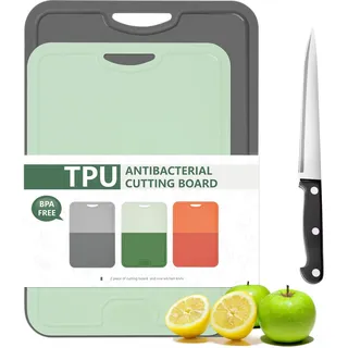 Gintan 2 Pack Flexibles TPU Schneidebrett, BPA-frei, mit Messer- und Saftrille, kratzfeste flexible Schneidebretter für die Küche, spülmaschinenfest, griffiger Griff, rutschfest (Grau+Green)