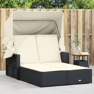 vidaXL Doppel-Sonnenliege mit Dach und Auflagen Schwarz Poly Rattan - Schwarz