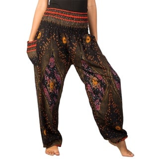 Lofbaz Damen Haremshose Festival Boho Outfit Yogahose Sommerhose Leicht Pumphose Hippie Hose Kleidung Sommer Hosen - Floral 1 Schwarz M