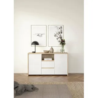 Dmora - Kommode Audrey, Wohnzimmerbuffet, Wohnzimmer-Sideboard, Moderne Küchen-Speisekammer, 149x48 h84 cm, Eiche und Weiß