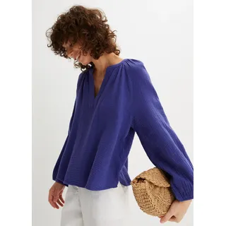 Shirtbluse BONPRIX "Oversize-Bluse aus Musselin", Damen, Gr. 42, lila (blauviolett), Web, Obermaterial: 100% Baumwolle, unifarben, oversize normal, V-Ausschnitt, elastischer Bund, Blusen Shirtbluse, Oversize-Passform, mit V-Ausschnitt, aus Baumwolle, 3/4-Ärmeln