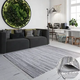 Teppich OTTO HOME "Le Vivier", grau (grau, weiß), B:60cm H:10mm L:110cm, Baumwolle, Polyester, Teppiche, Teppich, Handweb Teppich, gestreift, 90% Baumwolle, handgewebt, mit Fransen