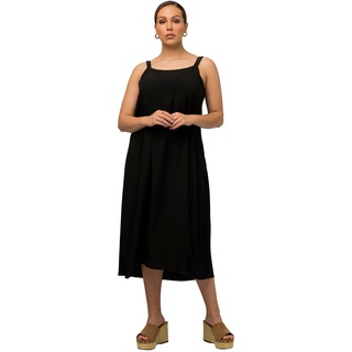 Ulla Popken Damen Midikleid, verstellbare Spaghettiträger, ärmellos Kleid, schwarz, 50-52