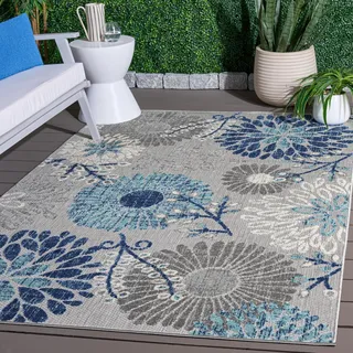 SAFAVIEH Botanischer Teppich für Maschinenwaschbar und rutschfest - Innen - & Außenbereich - Cabana Collection, Kurzer Flor, Grau und Blau, 160 x 230 cm