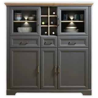 Stella Trading JASMIN Highboard in Artisan Eiche Optik, Graphit - Wohnzimmerschrank mit Schubladen und LED-Beleuchtung im Landhausstil - 143 x 150 x 42 cm (B/H/T)