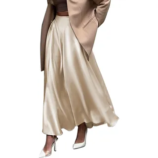 NCXFTP Damen-Midirock aus Satin, hohe Taille, elastisch, Satin, Maxirock, Seide, elegant, lang, trendig, A-Linie, Midi-Röcke, Champagner, Groß
